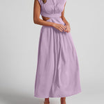 Cap Sleeve Belly-Hollow Pleated Solid Color Stand Collar Maxi Dresses