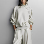 Women's Beige Textured Knit Co-Ord Set With Contrast Piping & Pleated Pants, Effortless Chic Style Set