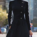 A-Line Long Sleeves Buttoned Pockets Solid Color Stand Collar Woolen Coat