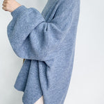Stretch Mohair-Blend Balloon Sleeves Loose Solid Round-Neck Sweater Tops