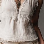 Vintage Zippered Collar Lace-trimmed Cotton Linen Tank Top