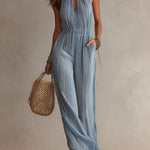 Vintage Chiffon Pleated Jumpsuit With Keyhole Neckline