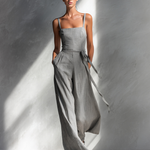 Women's Minimalist Linen Blend Gray Spaghetti-Strap Square-Neck Tie-Waist Wide-Leg Jumpsuit
