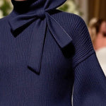 Loose Puff Sleeves Bowknot Solid Color Split-Joint High Neck Sweater Tops