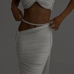 Imalia Stretch Mesh Pearl Trim Gathered Tank and Detachable Belt Vacation Maxi Skirt Set