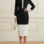 High Waisted Long Sleeves Buttoned Contrast Color Split-Front Split-Joint Lapel Midi Dresses