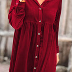Long Sleeve Ruffle Velvet Button Up Shirt Dress