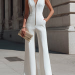 Sleeveless Deep V-Neck Tailored Wide-Leg Jumpsuit
