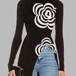 Long Sleeves Asymmetric Printed Split-Joint High Neck Pullovers Sweater Tops