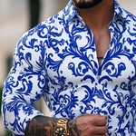 Men's Retro Casual Blue And White Porcelain Print Lapel Long Sleeve Shirt