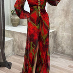 Sunset Serenade Printed Off Shoulder Diamond Embellished Pleated Slit Maxi Dress