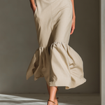 Women's Beige Cotton And Linen Blend Halter Turtleneck Midi Dress With Ruffled Hem