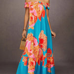 A-Line Loose Elasticity Flower Print Pleated Split-Joint Off-The-Shoulder Maxi Dresses