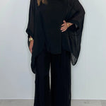Solid Color Round Neck Loose Bat Sleeve Top and Elastic Waist Wide Leg Pants Set