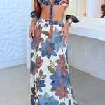 Unique Printed V-Neck Tie Cropped Top and Elastic Waist Casual Maxi Skirt Set