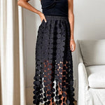 Casie See Through Circle Embroidery Elastic Waist Tassle Hem Maxi Skirt