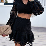 Long Sleeve Crop Top and Mini Skirt Two Piece Set in White Lace