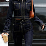 Long Sleeves Contrast Color Pockets Zipper Lapel Outerwear