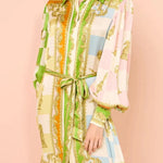 Garden Party Satin Unique Print Balloon Sleeve Belted Shirt Maxi Dress