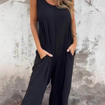 Unique Two-Color Patchwork Open Back Loose Pocket Jumpsuit