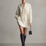 Women's Off-White Woven Dress With Long Sleeve & Mini Length, Sophisticated Daytime-Casual Style Dress