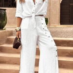 Solid Color Lapel Casual Button-down Shirt and Loose Pocket Slit Wide-leg Pants Set