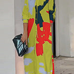 Loose Wrap Buttoned Contrast Color Pockets Printed Split-Side Shirt Dress