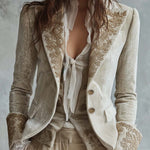 Ivory Velvet Embroidered Blazer With Lace Cuffs