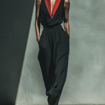 Women's Black Chiffon Sleeveless Jumpsuit With Red Contrast V-Neck Collar & Wide-Leg