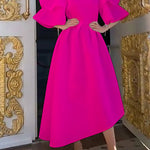 Original Loose Half Sleeves Falbala Solid Color Round-Neck Midi Dresses
