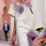 Loose Short Sleeves Asymmetric Floral Printed Split-Joint Round-Neck Midi Dresses