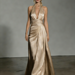 Women's Elegant Khaki Satin Halter-neck Sleeveless Maxi Dress