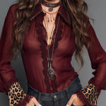 Retro Leopard Print Chiffon Fitted Blouse With Lace Trim