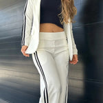 Sporty Mixed Formal Striped Trim Lapel Blazer and Elastic Waist Pocket Loose Pants Set