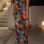 Fish Scale Color-Patchwork Halter Neck Mermaid Maxi Dress