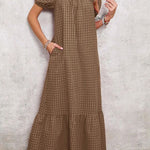 Women's Puff Sleeve Square Neck Check Maxi Dress