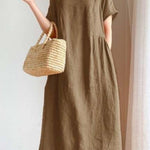 Casual Loose Solid Color Round-Neck Midi Dresses