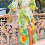 Summer Party Floral Print Balloon Sleeve Pocketed Belt Shirt Midi Dress