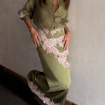 Eye-catching Work Contrast Color Lace Trim Button Up Long Sleeve Loose Blouse