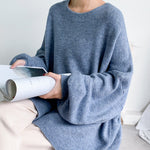 Stretch Mohair-Blend Balloon Sleeves Loose Solid Round-Neck Sweater Tops