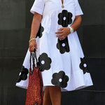 Loose Short Sleeves Flower Print V-Neck Midi Dresses