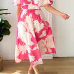 Elegant V-neck slim waist large swing skirt printed dress