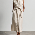 Women's Elegant, Natural-colored Cotton And Linen Blend Sleeveless Shirt-collar Midi Dress