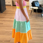 Multicolor Colorblock Self Tie Straps High Waist Flowy Maxi Dress with Pockets