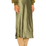 Olive Green Satin Midi Skirt with Side Slit
