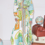 Travel Around The World Unique Print Balloon Sleeve Belt Shirt Midi Dress