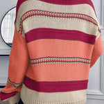 Peach Blossom Striped Pattern Knit V Neck Sweater
