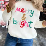 White Glitter Merry & Bright Round Neck Knit Sweater