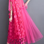 Loose Short Sleeves Asymmetric Gauze Split-Joint Round-Neck Midi Dresses
