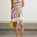 Eline Knit Colorful Zigzag PatternOne Shoulder Ruched Tassle Trim Mini Dress